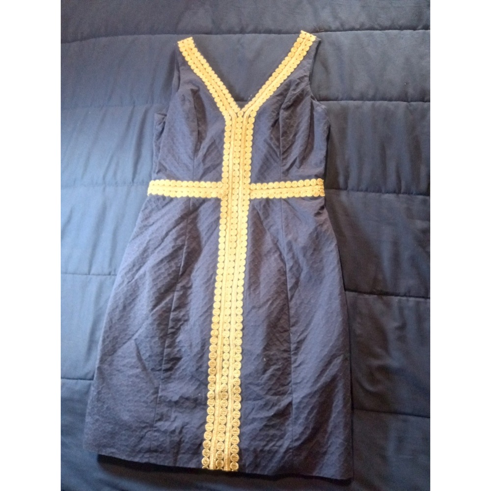 Lilly Pulitzer Women Esme Dress True Navy Blue Gold Metallic Trim Size 2